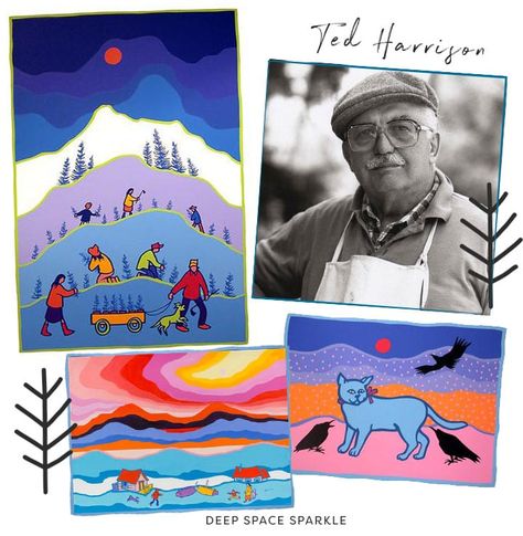 Ted Harrison Inspired Landscape & Polar Bear | Deep Space Sparkle Ted Harrison Art For Kids, Ted Harrison, Landscape Art Lessons, Polar Bear Drawing, Creative Art Projects, Art Docent, Winter Art Lesson, Polar Bear Art, Deep Space Sparkle