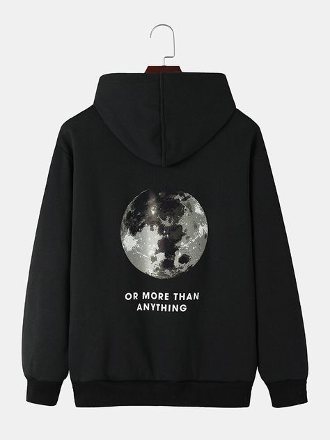 Mens Back Moon Graphic Slogan Plush Lined Warm Cotton Drawstring Hoodies Moon Graphic, Mens Back, Trim Jacket, Shirt Print Design, Men Fashion Casual Outfits, Cool Hoodies, Hoodies Design, Hoodies For Sale, White Hoodie