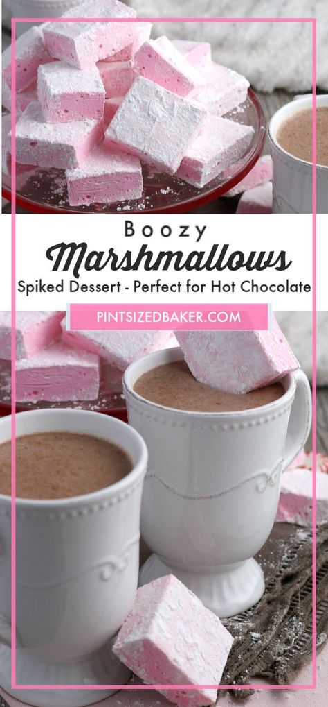 Boozy Marshmallows Recipe +Video Boozy Marshmallows, Artisan Marshmallows, Adult Hot Chocolate, Chocolate Covered Strawberry Cheesecake, Peppermint Schnapps, Homemade Marshmallow Recipe, Vegan Truffles, Valentines Recipes Desserts, Homemade Marshmallow