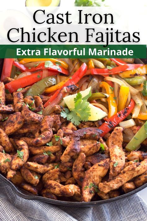 Turn dinner into a fiesta with this mouthwatering Chicken Fajita Recipe! Whether it's Cinco de Mayo or a regular weeknight, this easy cast iron skillet recipe is a winner. Bursting with flavor from an easy fajita marinade and served with tortillas, it's a family favorite! The marinade and chicken make great freezer friendly packets. Pioneer Woman Fajita Marinade, Authentic Mexican Fajitas Recipes, Faita Recipes Chicken, Grilled Chicken Fajitas Marinade, Easy Fajita Marinade, Chicken Fajita Marinade Recipe, Chicken Fajitas Skillet, Fajita Chicken Marinade, Chicken Fajita Marinade