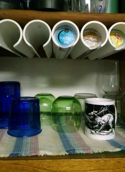 K cup storage using PVC Kcup Storage, K Cup Storage Ideas Diy, Ideas For Kcup Storage, Kcups In Glass Storage, Keurig Coffee Cup Storage, Camper Cup Storage, K Cup Storage, Rv Storage Solutions, Coffee Pod Storage