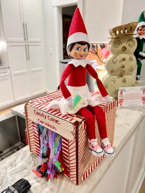 Elf Ideas Easy, An Elf, Diy Shelves, The Elf, On The Shelf, Christmas Elf, Car Wash, Elf On The Shelf, Candy Cane