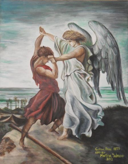 The picture relates to a story in the old testament when "Jacob was left alone, and there wrestled a man with him until the breaking of day". Jacob wrestles with his opponent all day and night until the break of dawn.At this point the opponent reveals himself as an Angel and gives Jacob a blessing.------For Full Interpretation go to: http://taoeaac.blogspot.com Jacob Wrestling With God, Old Testament Art, Jacob Wrestling With The Angel, Jacob Bible, Break Of Dawn, Biblical Paintings, Awakening Consciousness, The Old Testament, Vs Angels