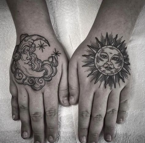 Tattoo uploaded by Lamat • Sun & moon. #handtattoo #hands #sun #moon #black&grey • Tiger Hand Tattoo, Unique Hand Tattoos, Moon Minimalist, Butterfly Hand Tattoo, Rose Hand Tattoo, Pretty Hand Tattoos, Palm Tattoos, Work Tattoo, Hand Tats