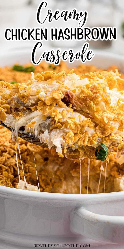 A serving of casserole with a gooey sauce and crispy topping being lifted from the plate. Chicken Hashbrown Recipes, Chicken Hash Brown Casserole, Chicken Breast Recipes Comfort Food, Leftover Fried Chicken Recipes, Hash Brown Chicken Casserole, Hash Brown Recipes, Cheese Ziti, Chicken Hash, Chicken Hashbrown Casserole