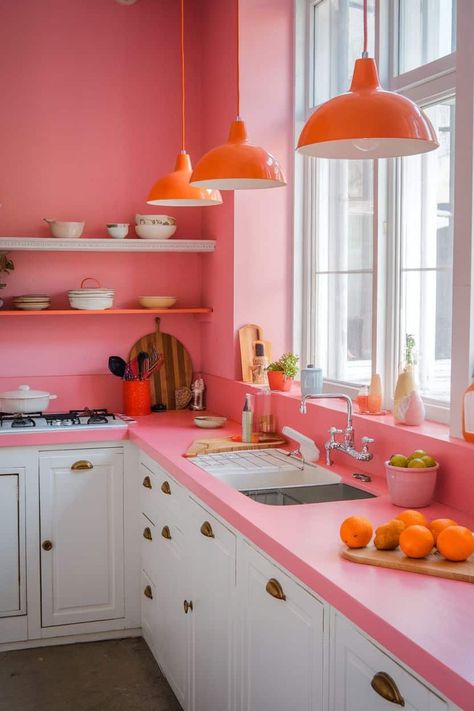 17+ Pink and Yellow Kitchens That Pop Yellow Pink Kitchen, Dopamine Decor Kitchen, Bright Kitchen Ideas, Eclectic Kitchens, Yellow Kitchens, Quirky Patterns, Orange Pendant Light, Turquoise Cabinets, Pink Cabinets