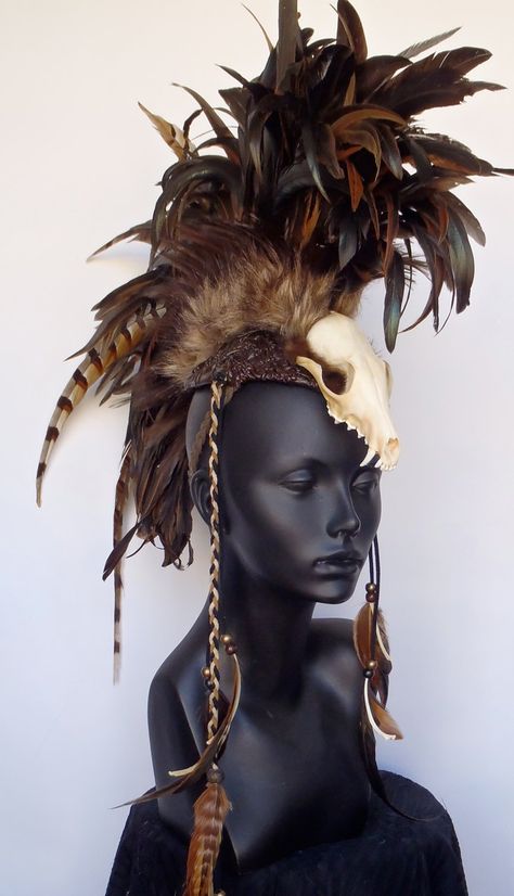 Made to Order Midsize Skull Warrior Feather Mohawk Feather Headdress, Fantasy Fashion, Burning Man, Tahiti, Larp, Costume Design, Headdress, Canada Goose, Wearable Art