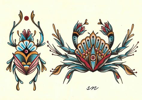 American Traditional Crab Tattoo, Crab Tattoo Traditional, American Traditional Floral Tattoo, Traditional Crab Tattoo, Color Traditional Tattoo, Trad Tattoo Flash, American Traditional Tattoo Flash, Trad Tattoos, Crab Tattoo