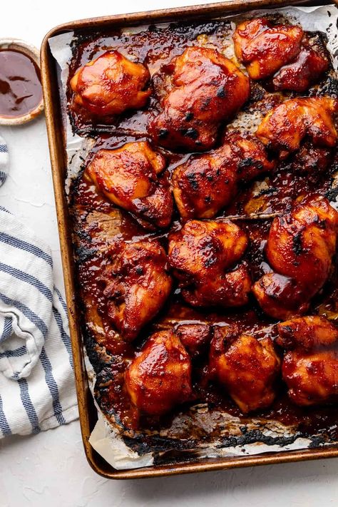 Baked BBQ Chicken Thighs - All the Healthy Things Bbq Thighs In Oven, Barbecue Chicken Thighs In The Oven, Baked Bbq Chicken Boneless, Bbq Chicken Thighs In Oven, Oven Bbq Chicken Thighs, Oven Baked Bbq Chicken Thighs, Easy Baked Bbq Chicken, Baked Barbeque Chicken, Bbq Chicken Thigh Recipes