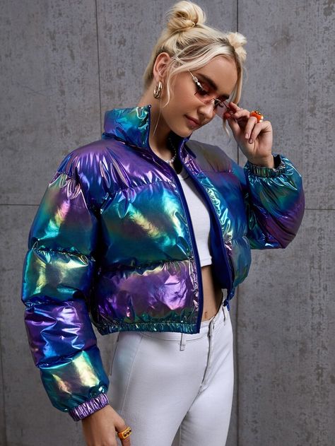 Holographic Zip Up Puffer Coat | SHEIN USA Holographic Outfit, Trendy Metallic Shiny Outerwear, Metallic Winter Streetwear Outerwear, Trendy Iridescent Long Sleeve Outerwear, Rei Jacket, Holographic Puffer Jacket, Holographic Jacket, Pink Puffer Coat, Green Puffer Jacket