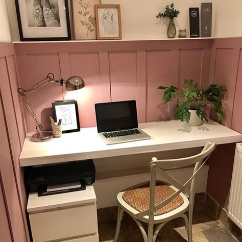 Sulking Room Pink Panelling, Dusky Pink Office, Sulking Room Pink Home Office, Dusty Pink Wall Panelling, Blush Pink Wall Panelling, Dusky Pink Panelling, Pink Home Office, Home Office Colors, West Home