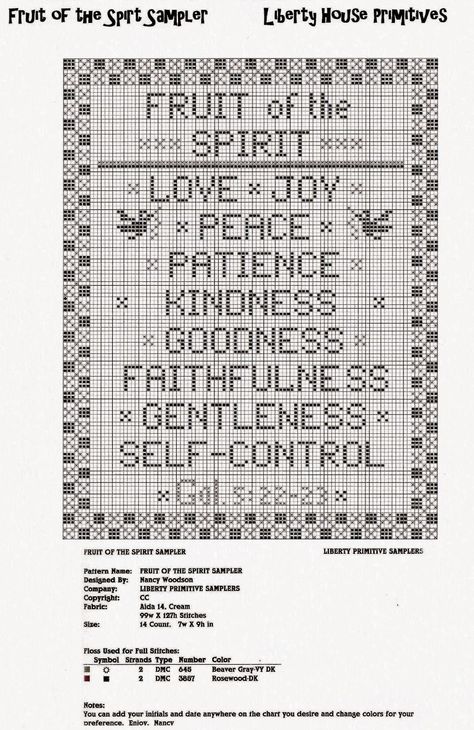 Liberty Primitives and Needlework: Free Chart "Fruit of the Spirit" Religious Cross Stitch Patterns, Christian Cross Stitch Patterns, Cross Stitch Sampler Patterns, Christian Cross Stitch, Crochet Charts, Cross Stitch Quotes, Cross Stitch Freebies, Free Chart, Pola Kristik