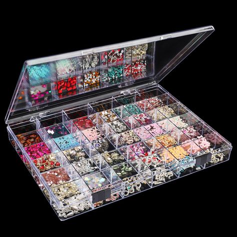 PRICES MAY VARY. 【36 Grids Large Capacity & Double Buckle】-- This clear organizer measures 9.72 x 7.08 x 1.18 inches / 25 x 18 x 3 cm. Designed with 36 individual compartments for storing small parts or supplies, keep them away from mess up. Unique transparent appearance creates attractive display, which every female will fall in love with at first glance 【Visible & Easy-check】-- Keep your beads organized and the see-through plastic appearance make it easy to find when they're stored in this han Bead Organizer, Craft Storage Organization, Nail Charm, Nail Box, Sewing Supplies Storage, Diy Jewelry Display, Bead Organization, Charm Holder, Beaded Boxes