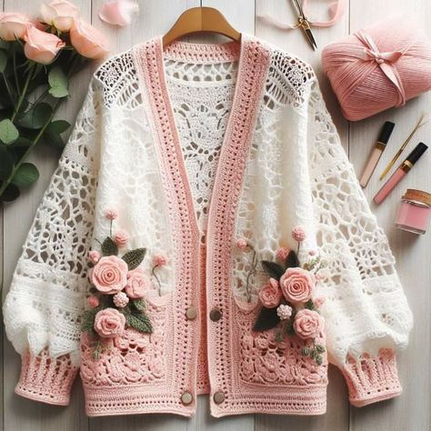 Crochet Flowers On Sweater, Simpul Makrame, Crochet Sweater Design, Mode Crochet, Crochet Clothing And Accessories, Designer Dresses Casual, Stylish Party Dresses, Quick Outfits, 자수 디자인