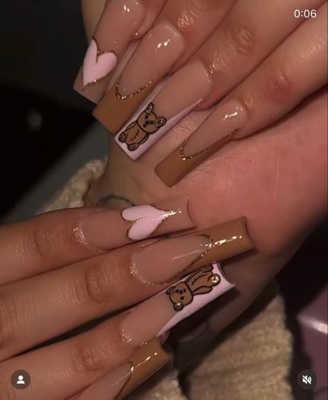 Teddy Bear Nails, Gender Reveal Nails, Bear Nails, Baby Shower Nails, Acrylic Nails Nude, Brown Acrylic Nails, Daily Nails, Brown Nails Design, Glitter Nails Acrylic