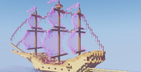 Mermaid Minecraft, Minecraft Pirate Ship, Minecraft Purple, Minecraft Boat, Purple Pirate, Minecraft Cottagecore, Minecraft Creator, Pink Boat, Minecraft Server