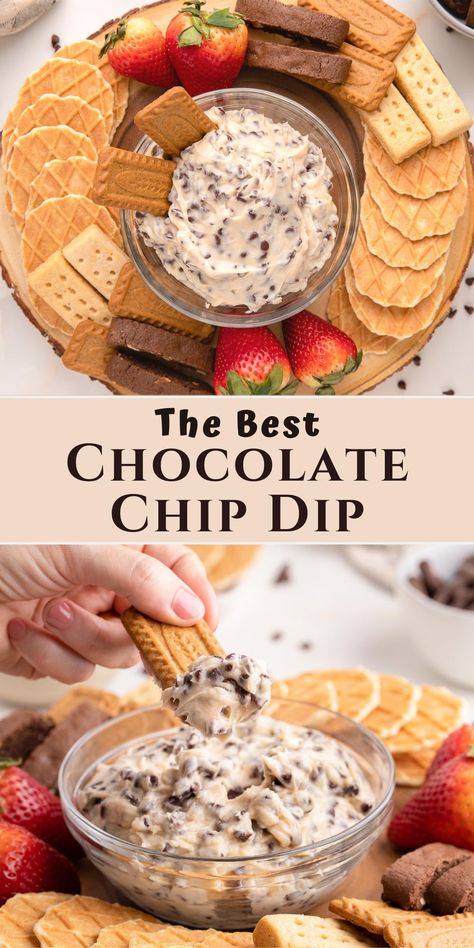 chocolate chip dip in a serving bowl and with a cookie. Sweet Crockpot Dip, Good Finger Food Desserts, Easy Charcuterie Board Dips, Game Day Dessert Dips, Dips That Travel Well, Desert Dip Charcuterie Board, Sweet Dips For Cookies, Chocolate Chip Cookie Dip Recipe, Chocolate Chip Cheeseball Dip