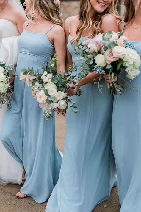 dusty blue bridesmaid dress, spaghetti straps, pink peach and blush bouquets, Mountain Laurel Floral, Blushd Beauty Blush Blue Bridesmaid Dresses, Slate Blue Bridesmaids, Blue And Pink Bridesmaid Dresses, Dusty Blue And Blush Wedding, Wedding Cake Dusty Blue, Boho Wedding Dress Uk, Bridesmaid Colours, Blue Blush Wedding, Slate Blue Bridesmaid Dresses