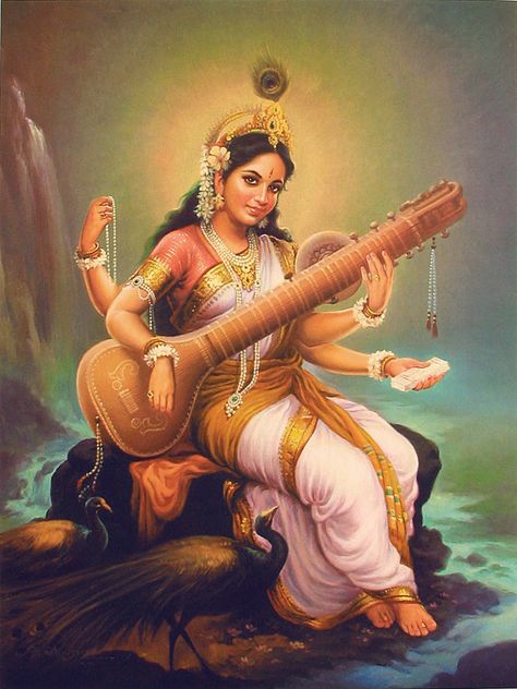 In Hinduism, Saraswati is the goddess of knowledge, music, arts and science. Brahma Dev, Saraswati Mata, Saraswati Devi, Saraswati Goddess, Indian Goddess, Hinduism Art, Poster Photo, Hindu Mythology, God Pictures