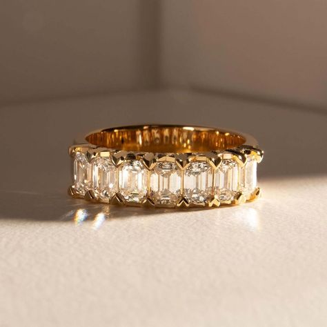 Stackable Emerald-cut Diamond Anniversary Ring, Gold Emerald-cut Eternity Band, Luxury Emerald-cut Eternity Band For Wedding, Elegant Yellow Gold Emerald-cut Eternity Band, Emerald-cut Moissanite Anniversary Eternity Band, Gift For Wife Birthday, Moissanite Band, Emerald Cut Moissanite, Yellow Gold Wedding Band