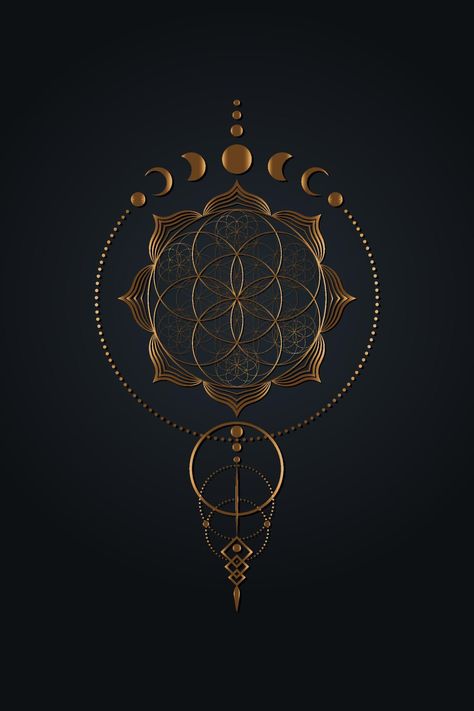 Mystical flower of life and Moon Phases, Sacred geometry. Gold Seed of life. Pagan Wiccan goddess symbol, old golden wicca banner sign, energy circles, boho style vector isolated on black background Sacred Geometry Back Tattoo Women, Seed Of Life Symbol, Sacred Geometry Nail Art, Seed Of Life Tattoo Design, Seed Of Life Art, Sacred Geometry Wall Art, Flower Of Life Tattoo Women, Sacred Geometry Tattoo Women, Flower Of Life Wallpaper