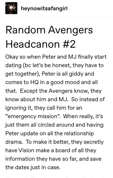 Add my tumblr @heynowitsafangirl and let’s chat! #marvel #avengers #headcanon Marvel Headcanon Funny, Marvel Headcanon Spiderman, Domestic Avengers Headcanons, Superfamily Avengers Headcanons, Spiderman Headcanon, Mcu Headcanon, Funny Headcanons, Ironstrange Headcanons, Loki Headcanon