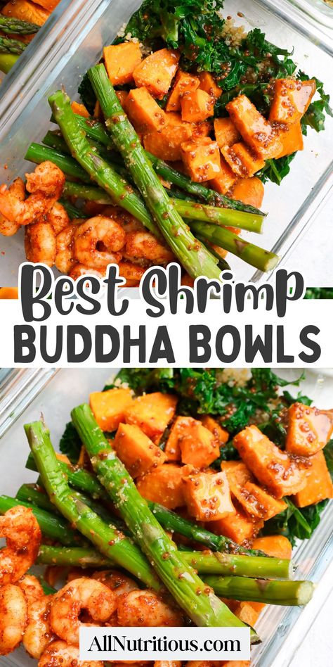 You need to add these Buddha Bowls to your list of healthy lunch ideas. Perfect for seafood lovers, these easy lunch bowls combine shrimp recipes with a variety of colorful veggies. Perfect for a high protein lunch! Bowls With Shrimp, Shrimp Buddha Bowl Recipe, Easy Lunch Bowls, Shrimp Bowl Healthy, Shrimp Buddha Bowl, Gluten Free Shrimp, Veggie Bowl Recipe, Shrimp Meal Prep, Healthy Low Calorie Dinner