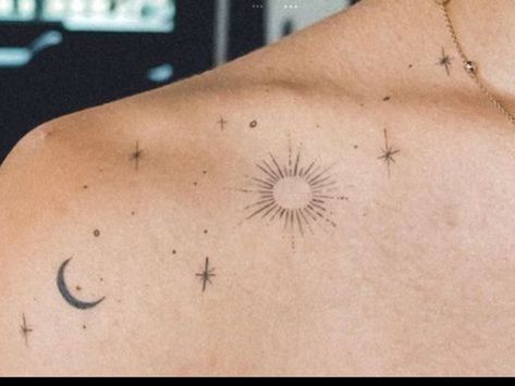 Moon And Stars Rib Tattoo, Celestial Fine Line Tattoo, Tattoo Sonne, Sky Tattoos, Celestial Tattoo, Sun Tattoo Designs, Tribute Tattoos, Palm Tattoos, Small Pretty Tattoos