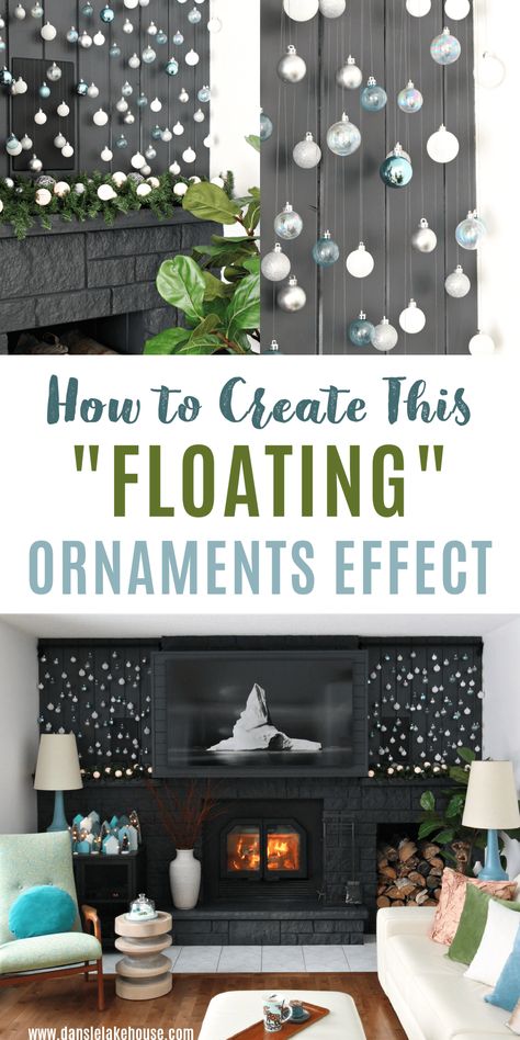 floating ornaments Christmas Ornament Wall Display, Ornament Wall Display, Cascading Ornaments, Diy Ornament Display, Christmas Ornament Display, Modern Christmas Decor Ideas, Christmas Tree Alternative, Display Ornaments, Floating Ornaments