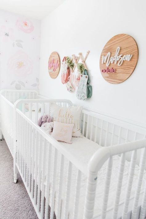 Ethereal Nursery, Name Wood Signs, Twin Girls Nursery, Twins Nursery, Nursery Layout, Twin Nursery, Dream Nursery, Nursery Trends, Twin Life