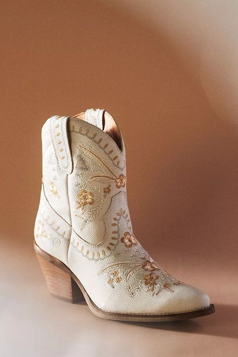 Dingo 1969 Primrose Leather Booties | Anthropologie Mother Of Bride Boots, Wedding Vintage Boots, Ankle Boots Bride, Bridal Boots Lulus, Fancy Wedding Boots, Cute Wedding Dresses Country Cowgirl Boots, Bride In Ankle Boots, Bridal Cowboy Boots, Proposal Outfit