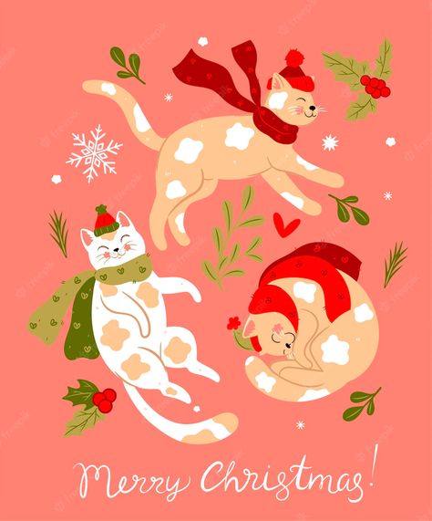 Premium Vector | Set of cute christmas cats in scarves and hats vector graphics Cat Illustration Christmas, Christmas Cat Illustration, Cat Face Illustration, Christmas Cat Art, Cute Christmas Cats, Cat Christmas Cards, Tiny Canvas, Nail Board, Hat Vector