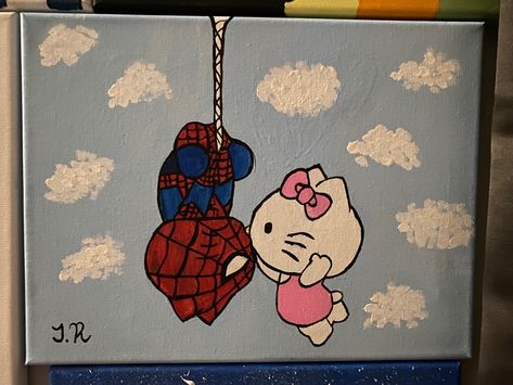 Hello Kitty X Spiderman, Couples Art Project, Multi Canvas Painting, Couples Canvas Painting, Halloween Canvas Art, Easy Graffiti Drawings, Canvas Art Painting Abstract, Sky Art Painting, Hello Kitty Crafts