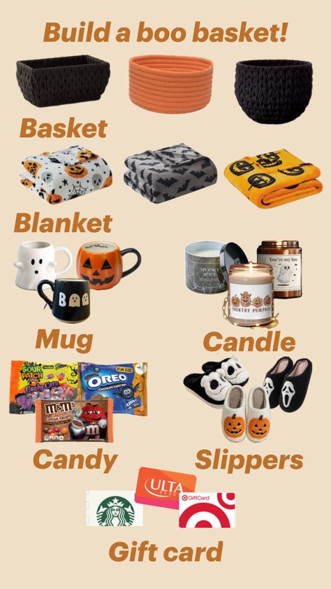 Items For A Boo Basket, Boo Baskets Aesthetic, All Things Fall And Halloween, Fall Self Care Gift Basket, Still Falling For You Basket, Stuff To Be For Halloween, Halloween Boo Basket Ideas For Boyfriend Diy, Stuff To Put In A Boo Basket, Boo'd Basket Ideas