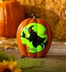 Plow & Hearth Glow-in-The-Dark Pumpkin with Witch and Moon, Resin Pumpkin Accent, No Mess, No Carving, Indoor/Outdoor Halloween Decoration, 7¼"L x 5¼"W x 9" H Pumpkin Halloween Decorations, Halloween Outdoor Decorations, Halloween Pumpkins, The Darkest, Halloween Decorations, Indoor Outdoor, Witch, Carving, Halloween