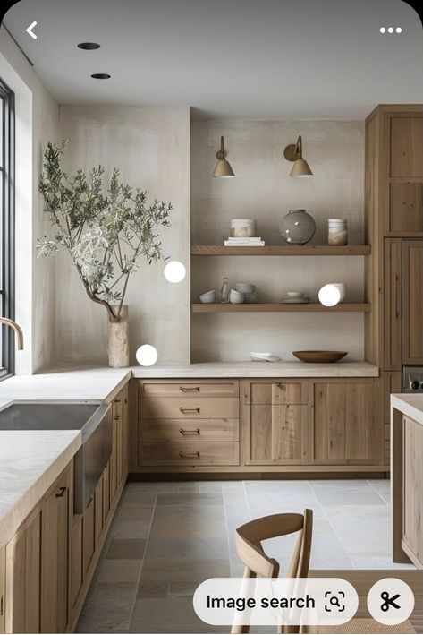 Modern House Materials, Beech Wood Cabinets Kitchens, House Inspo Interior Design Kitchen, Modern Wood Kitchen Cabinet, Kitchen With White And Wood Cabinets, Home Inspo Kitchen, Organic Kitchen Backsplash, Kitchen Style Ideas Modern, Modern Wood Cabinets Kitchen