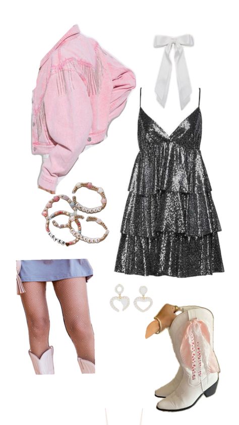 Collage with black sparkly dress, pink denim jacket, pearl heart earrings, white bow, colorful friendship bracelets, diamond tights Inspo Collage, Eras Tour Outfit, Eras Tour, Concert, Collage, Outfit Inspo