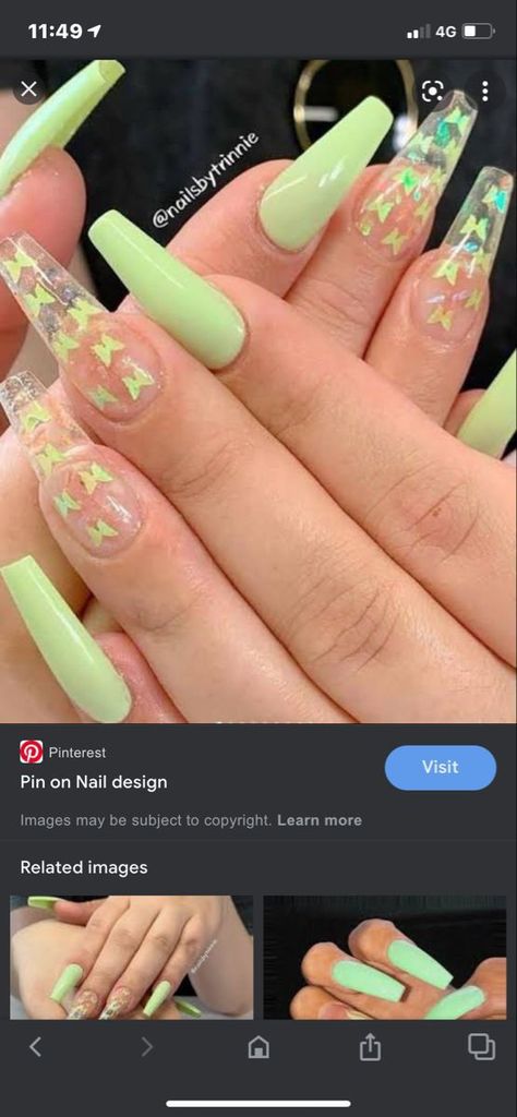 Sage Green Nails Acrylic Long, Tinker Bell Green Nails, Sage Green Butterfly Nails, Light Green Nails Acrylic, Light Green Nail Ideas, Butterfly Acrylics, Sage Butterfly, Green Nail Design, Exotic Nail Designs