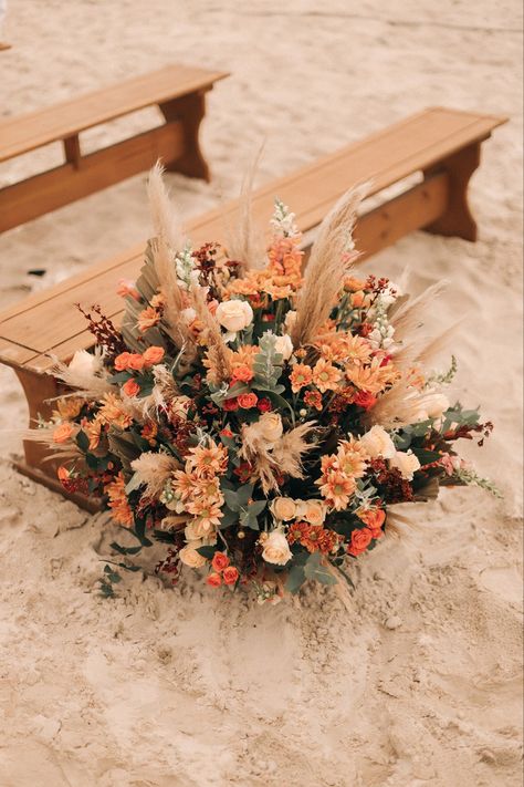 Boho Chic Flower Centerpieces, Boho Terracotta Wedding Flowers, Terracota Beach Wedding, Terracotta Boho Wedding Florals, Beach Flower Arrangements, Sunset Terracotta Wedding Flowers, Wedding Benches, Dried Flower Wedding Bouquet Terracotta, Wedding Bench