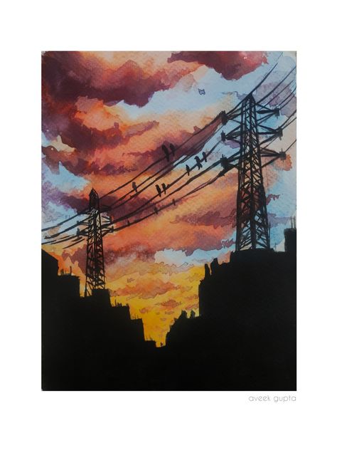 #watercolor #sunset #sunrise #city #silhouette #painting Watercolor Sillouhette Painting, City Sunset Painting, Watercolor Silhouette Painting, Sunset Sketch, Watercolor Painting Easy, Watercolor Cityscape, Silhouette Decor, Acryl Painting, Sunset Tattoos