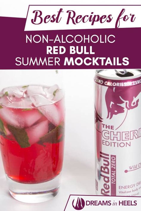 Delicious Non-alcoholic Red Bull Summer Mocktails - Recipes for your next staycation! #staycation #homemade #mocktails #drinkrecipes #redbull via @dreamsinheels Non Alcoholic Drinks With Red Bull, Redbull Energy Drink Recipes, Energy Drink Mixed Drinks, Mocktails Redbull, Red Bull Mocktail, Redbull Mock Tails, Redbull Drink Recipes Non Alcoholic, Red Bull Drinks Non Alcoholic, Homemade Mocktails