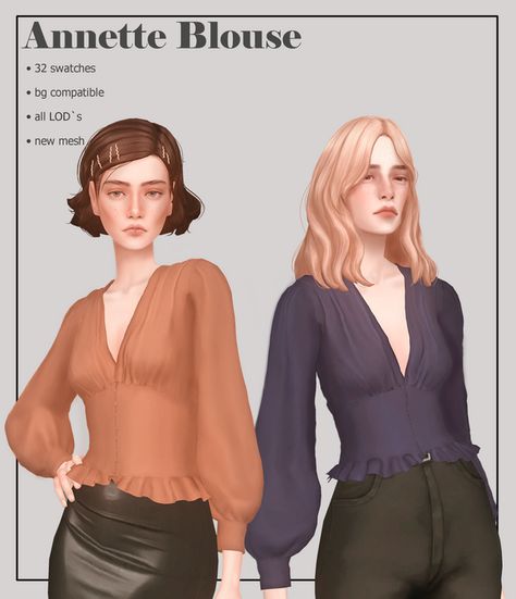 Annette Blouse | Sunivaa on Patreon Aesthetic Sims, Sims Clothes, Sims 4 Mm Cc, Sims 4 Cc Skin, Sims 4 Teen, Sims 4 Dresses, Sims 4 Mm, The Sims 4 Download, Sims4 Clothes