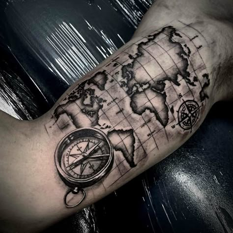 Ship Tattoo Sleeves, Compass And Map Tattoo, Nautical Tattoo Sleeve, World Map Tattoos, Black Line Tattoo, Globe Tattoos, Inner Bicep Tattoo, Geometric Sleeve Tattoo, Map Tattoos