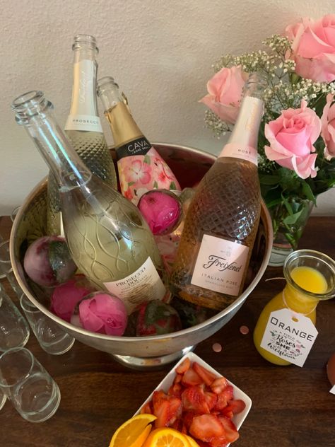 Bridal Shower Mimosa Bar with Pink Roses Flower Ice Balls, Bridal Shower Mimosa Bar, Bridal Shower Mimosa, Pink Mimosa, Bubbly Bar, Flower Ice, Ice Ball, 35th Birthday, Mimosa Bar