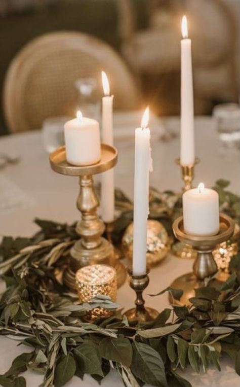 Gold Taper Candle Holders Wedding, Brass Candle Centerpieces, Moody Candle Centerpieces, Gold Candle Holder Centerpieces Wedding, Simple Candlestick Centerpieces Wedding, Brass Centerpieces, Thrifted Wedding Centerpieces, Brass Candle Sticks Wedding, Vintage Centerpiece Wedding