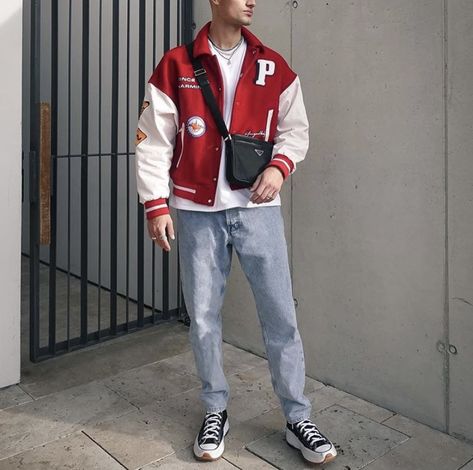 Red Varsity Jacket Outfit Aesthetic, Red Varsity Jacket Outfit Men, Varsity Jacket Aesthetic Boy, Red Varsity Jacket For Fall Streetwear, Casual University Red Varsity Jacket, Varsity Jacket Aesthetic, Classic Red Varsity Jacket For Streetwear, Red Retro Varsity Jacket For Streetwear, Varsity Outfit