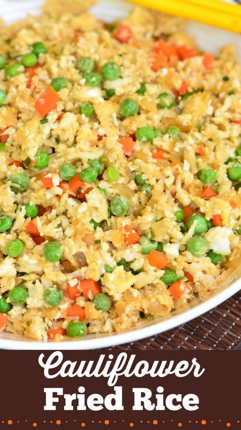 Cauliflower Fried Rice is a delicious low-carb recipe made with the classic fried rice ingredients like onions, carrots, peas, garlic, eggs, and soy sauce. #cauliflower #lowcarb #friedrice #easydnner Califlower Fried Rice, Garlic Eggs, Fried Rice Recipe Video, Fried Rice Ingredients, Chicken Fried Cauliflower Rice, Vegetarian Rice Recipes, Ham Fried Rice, Healthy Chinese Recipes, Cauliflower Fried Rice Recipes