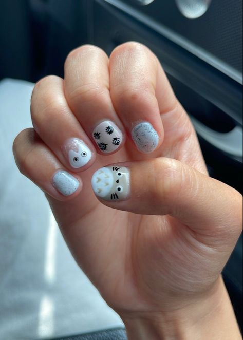 Short Nail Designs Studio Ghibli, Short Studio Ghibli Nails, My Neighbor Totoro Nails, Calcifer Nails, Totoro Nail Art, Studio Ghibli Nail Art, Nails Bday, Silly Nails, Totoro Nails