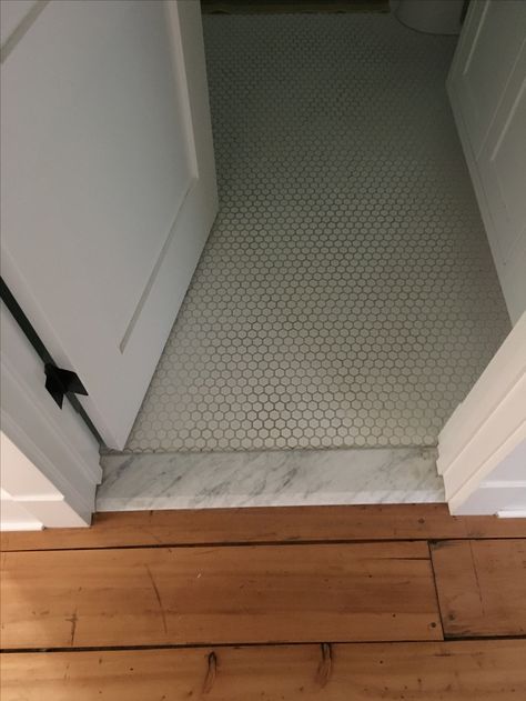 Wood Floor Doorway Transition, Flooring Threshold Transition, Bathroom Door Threshold, Floor Threshold Transition, Stone Threshold Entrance, Marble Threshold Bathroom, Door Threshold Ideas Interior, Marble Door Threshold, Marble Transition Strip