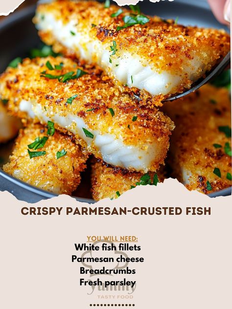 🧀🐟 Elevate your fish game with Crispy Parmesan-Crusted Fish—golden, cheesy perfection that’s irresistibly crunchy! #ParmesanFish #FishLovers Crispy Parmesan-Crusted Fish Ingredients: White fish fillets (4) Parmesan cheese, grated (1/2 cup) Breadcrumbs (1/2 cup) Fresh parsley, chopped (2 tbsp) Garlic powder (1 tsp) Salt (1/2 tsp) Black pepper (1/4 tsp) Egg (1, beaten) Olive oil (for frying) Instructions: Mix parmesan, breadcrumbs, parsley, garlic powder, salt, and pepper. Dip fish fillets ... Fish Parmesan Oven Baked, Parmesan Crusted Fish, Crusted Fish, Pepper Dip, Rice Side Dish Recipes, Fish Fillets, Rice Side, Rice Side Dishes, Parmesan Crusted Chicken